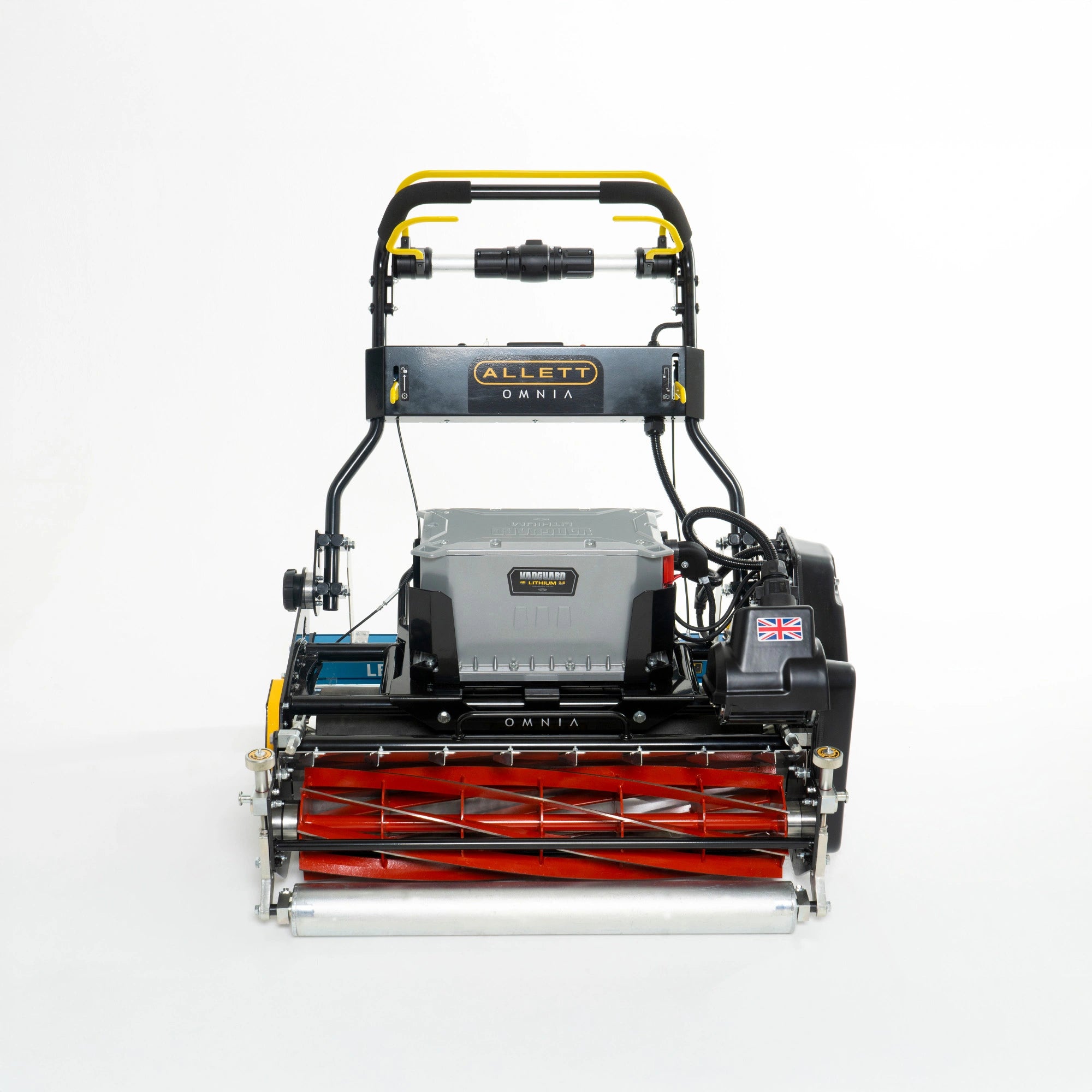 Allett Omnia 34 battery-powered professional cylinder mower front view with 8-blade cutting cylinder