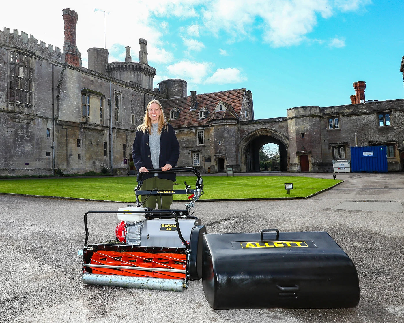 Allett Buffalo 34 cylinder mower on castle grounds