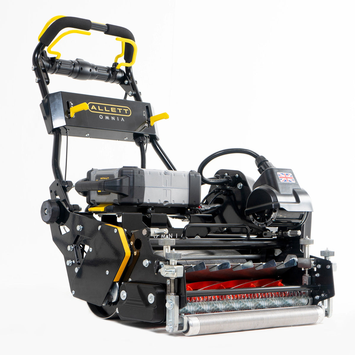 The Allett Omnia 22 Cylinder Mower with a grooved front roller on a white background.