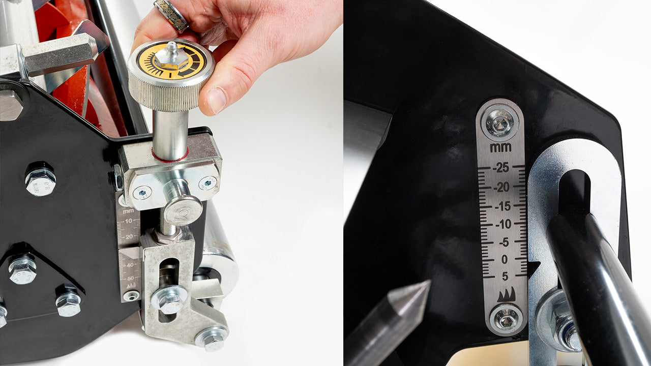 Allett Omnia 34 tool-less height of cut adjustment with precision micro-adjust dial