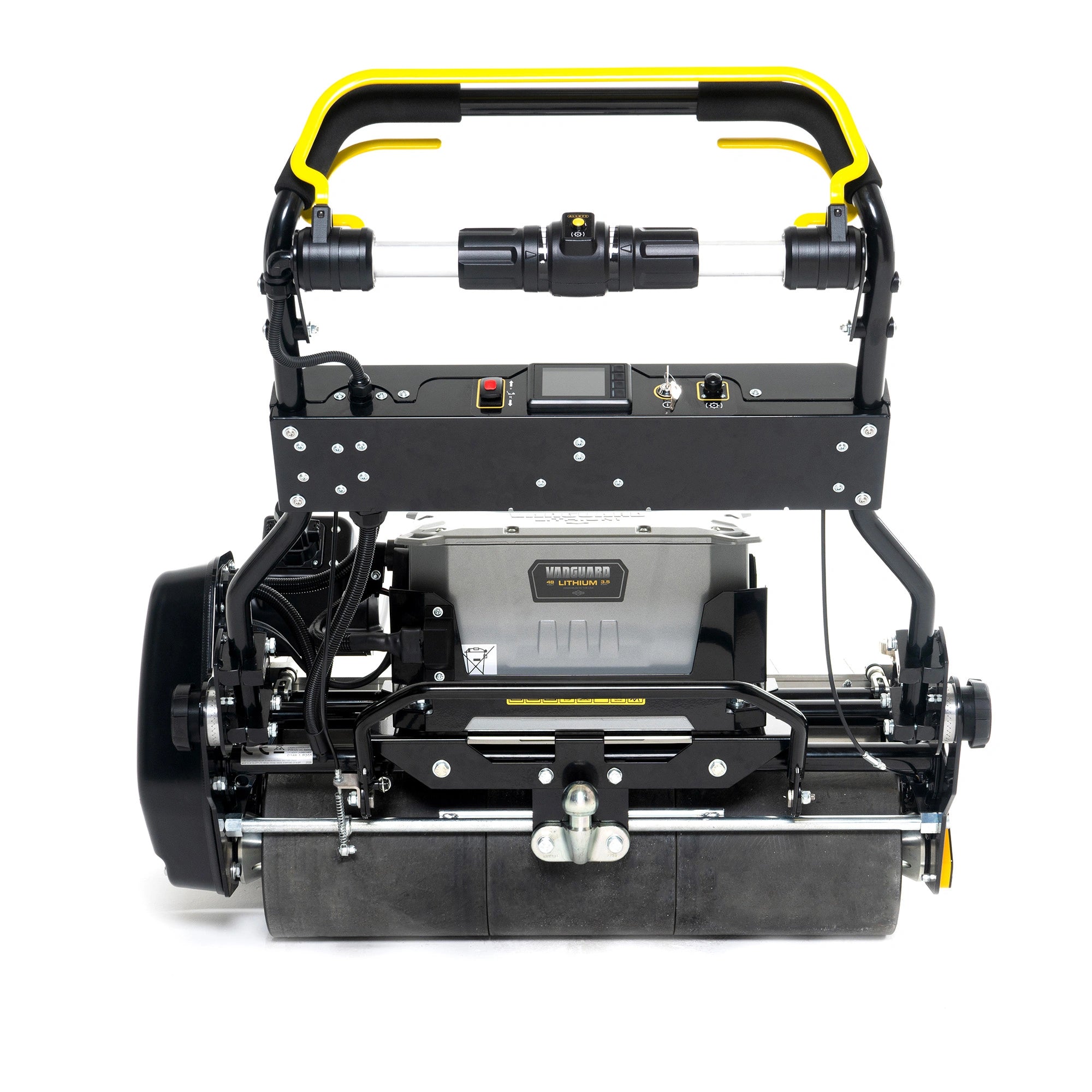 Rear view of Allett Omnia 34 professional battery-powered stadium cylinder mower