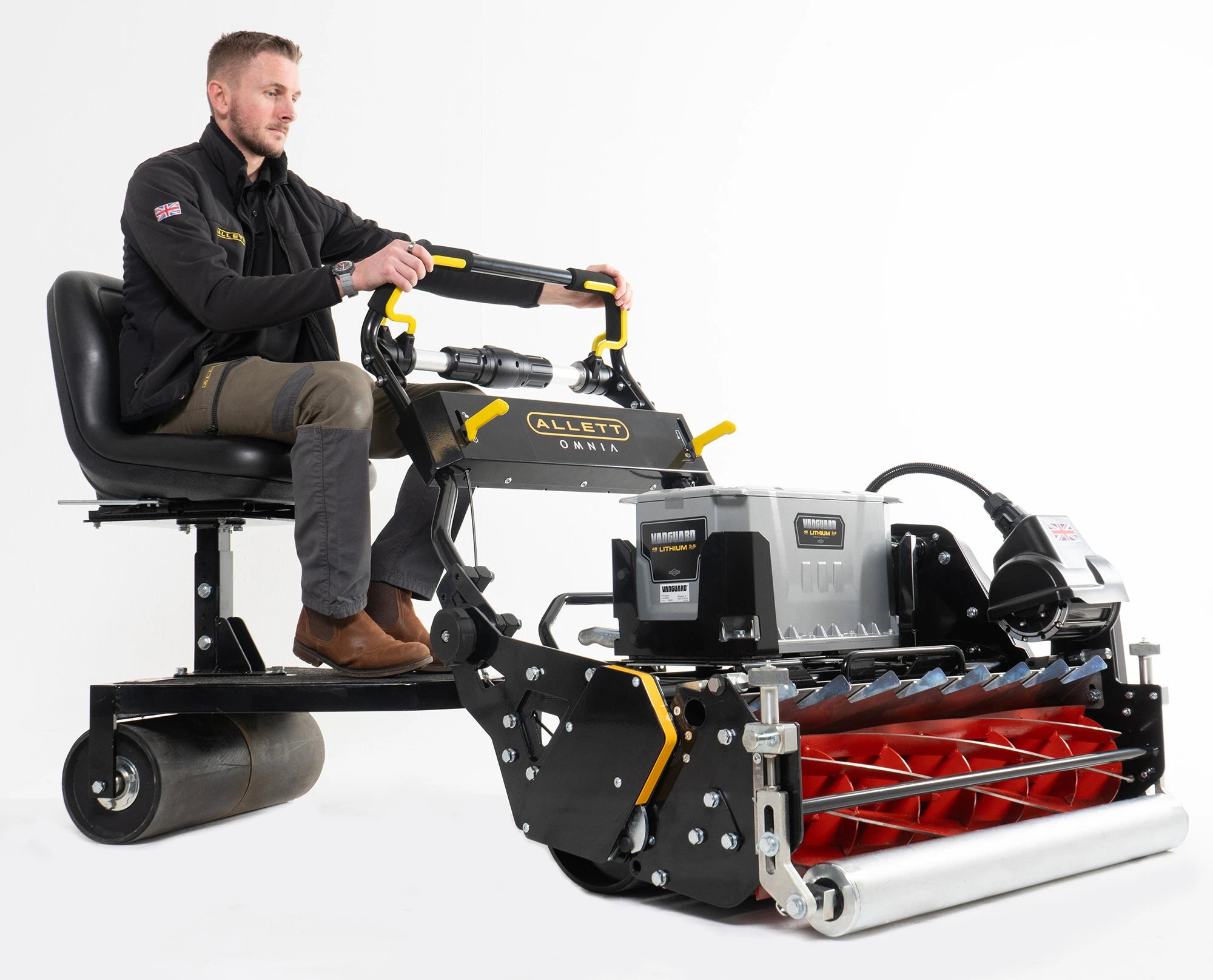 Allett Omnia 34 professional cylinder mower with optional trailing seat attachment