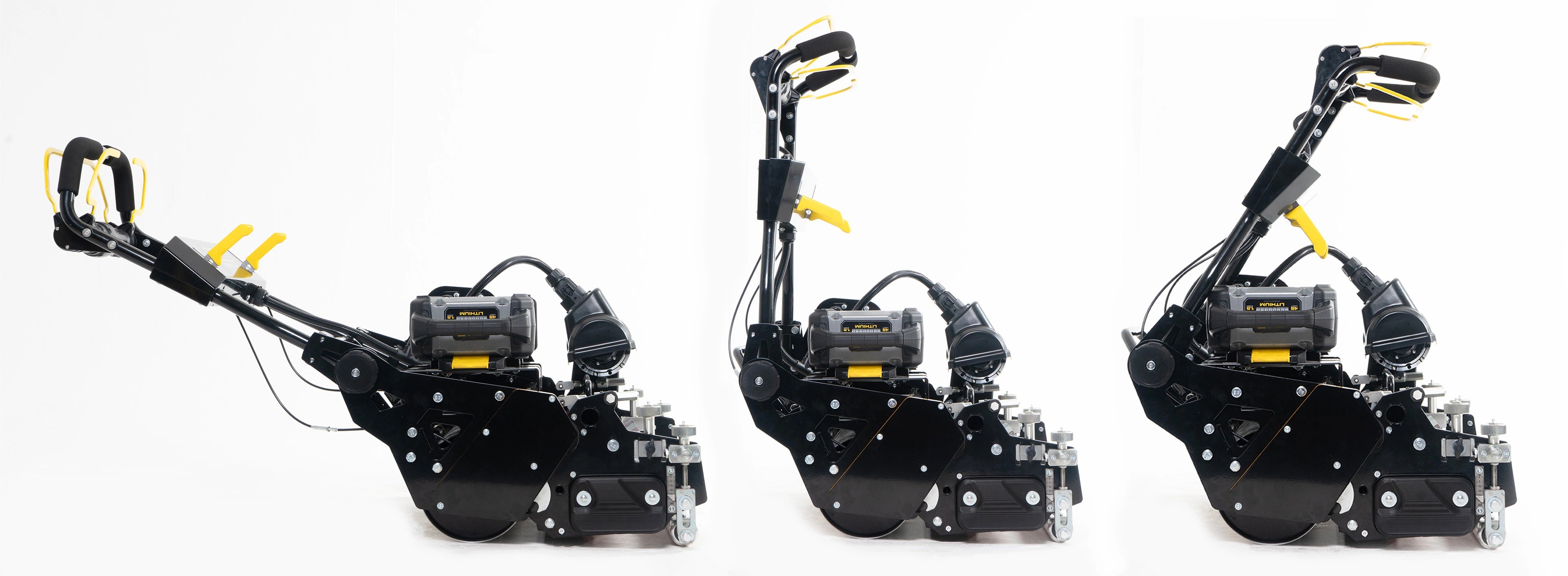 Allett Omnia 34 professional cylinder mower showing adjustable handlebar height positions