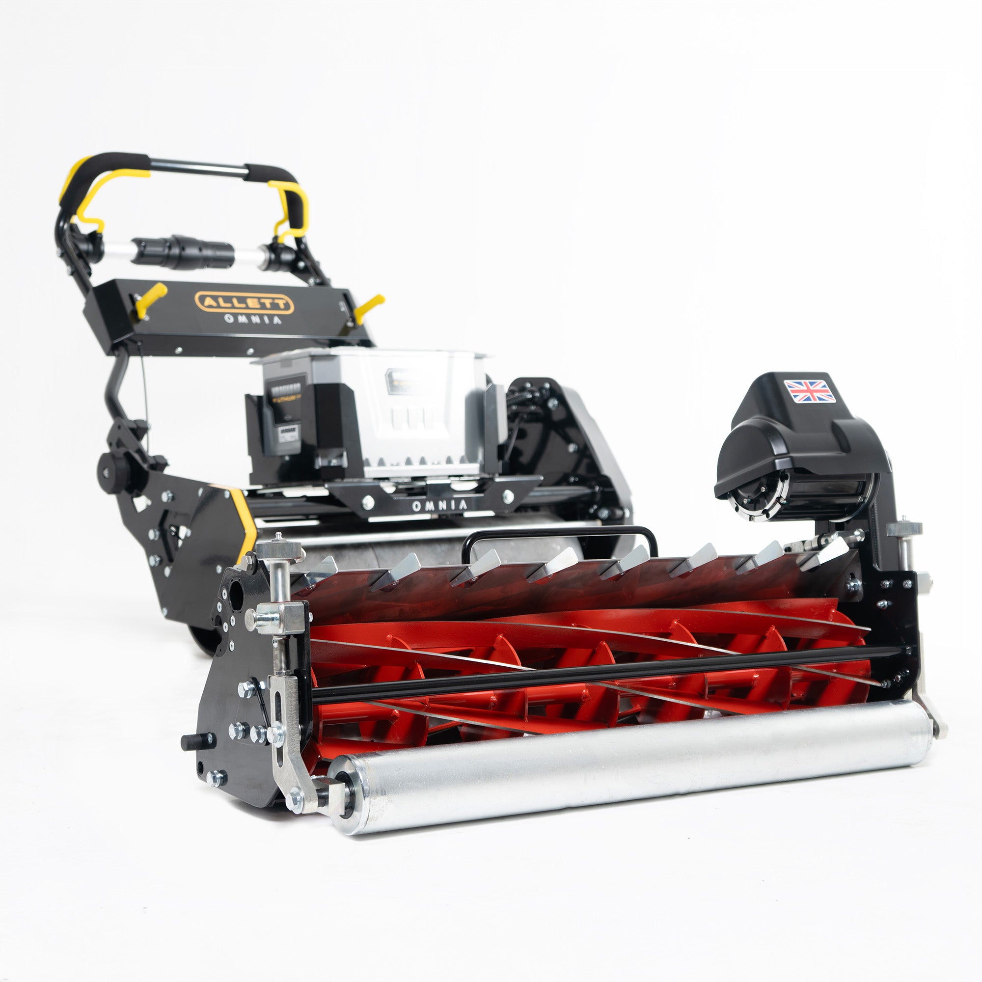 Allett Omnia 34 professional battery cylinder mower detached with 8-blade cutting cylinder head angled view